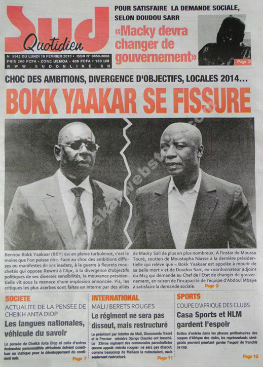 A la Une du Journal Sud Quotidien du lundi 18 février 2013