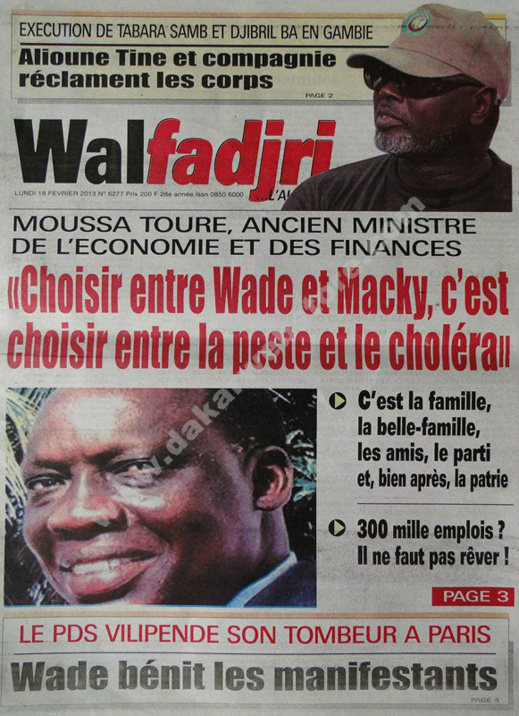 A la Une du Journal Walfadjri du lundi 18 février 2013