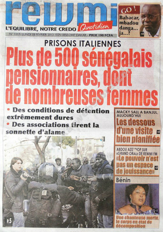 A la Une du Journal Rewmi du lundi 18 février 2013