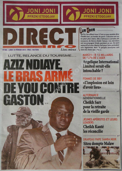 A la Une du Journal Direct info du lundi 18 février 2013