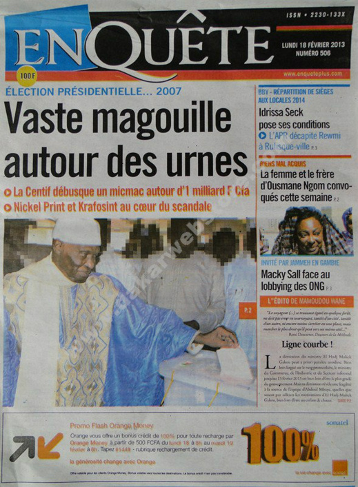 A la Une du Journal EnQuête du lundi 18 février 2013