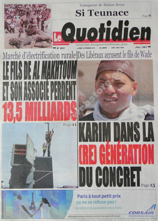 A la Une du Journal Le Quotidien du lundi 18 février 2013