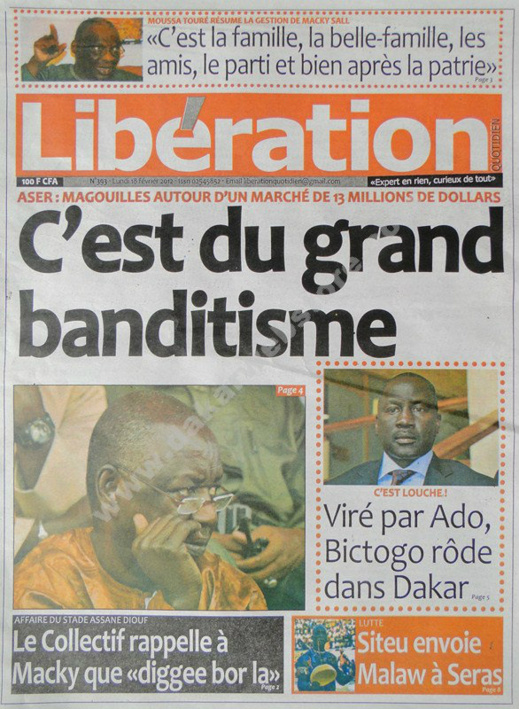 A la Une du Journal Libération du lundi 18 février 2013
