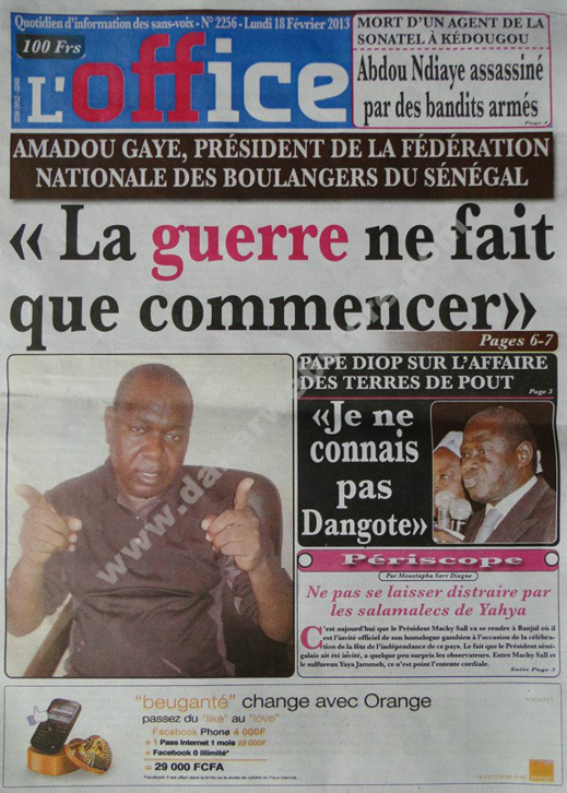 A la Une du Journal L'office du lundi 18 février 2013