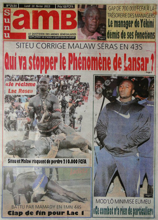 A la Une du Journal SunuLamb du lundi 18 février 2013