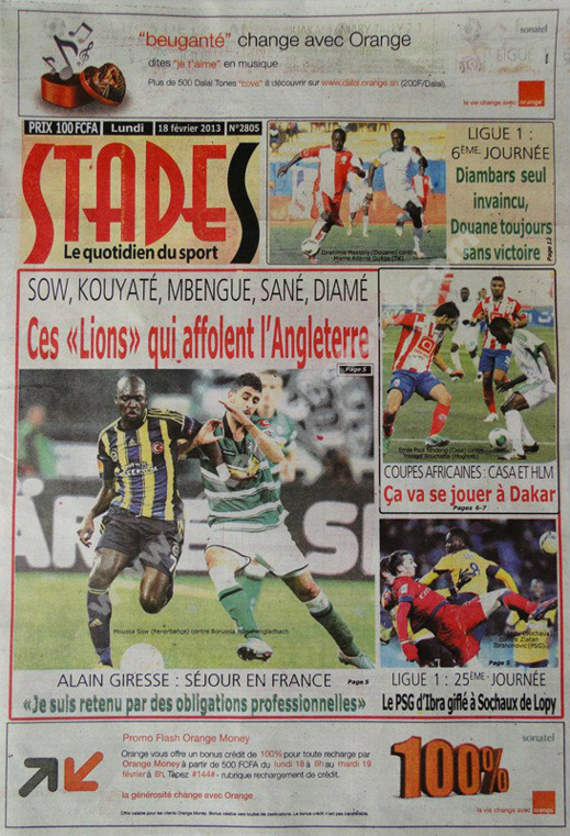 A la Une du Journal Stades du lundi 18 février 2013