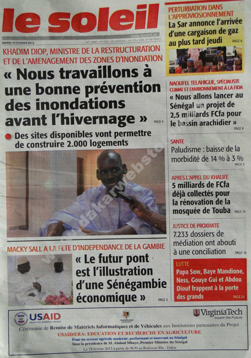A la Une du Journal Le Soleil du mardi 19 février 2013