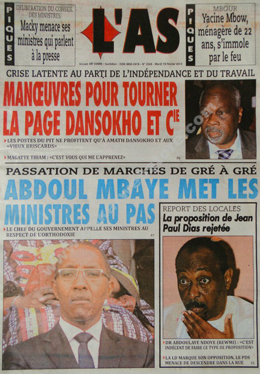 A la Une du Journal L'As du mardi 19 février 2013