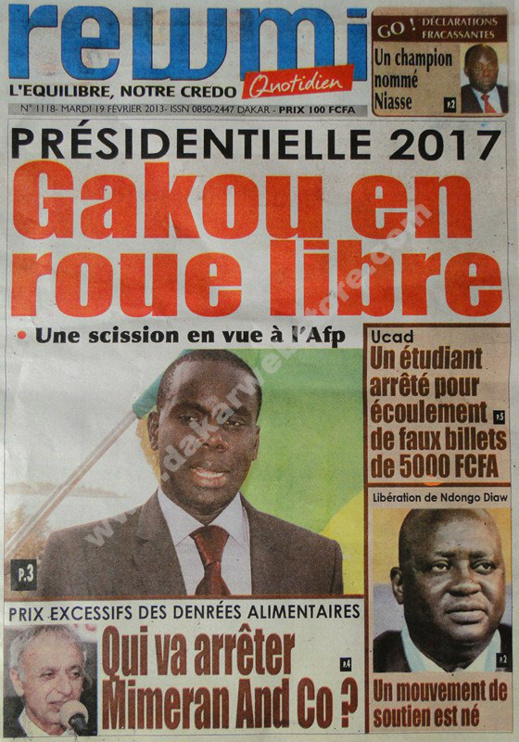 A la Une du Journal Rewmi du mardi 19 février 2013