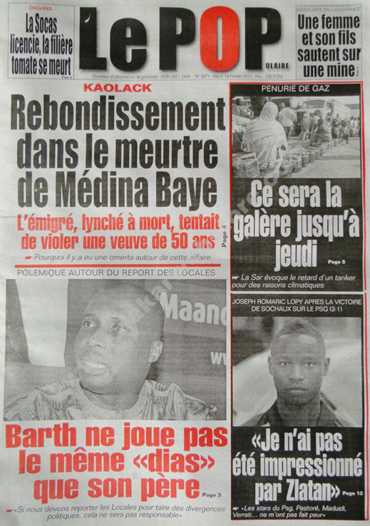 A la Une du Journal Le Populaire du mardi 19 février 2013