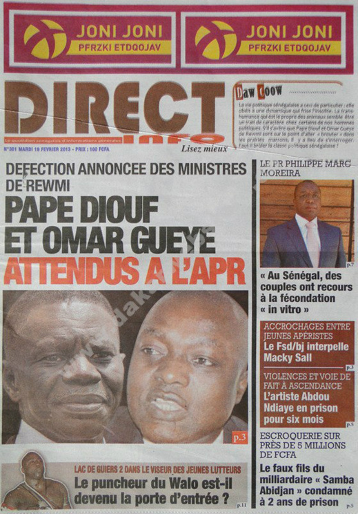 A la Une du Journal Direct Info du mardi 19 février 2013