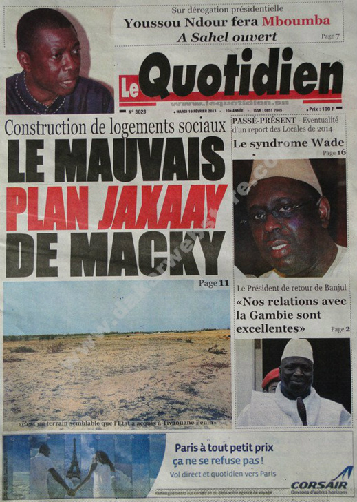A la Une du Journal Le Quotidien du mardi 19 février 2013