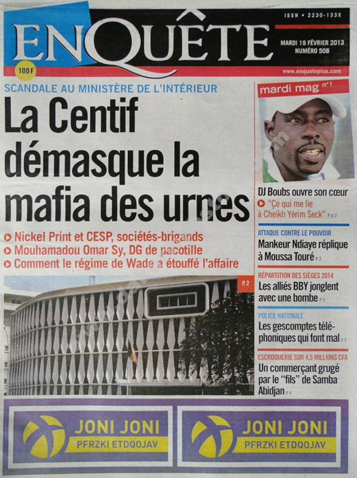 A la Une du Journal  EnQuête du mardi 19 février 2013