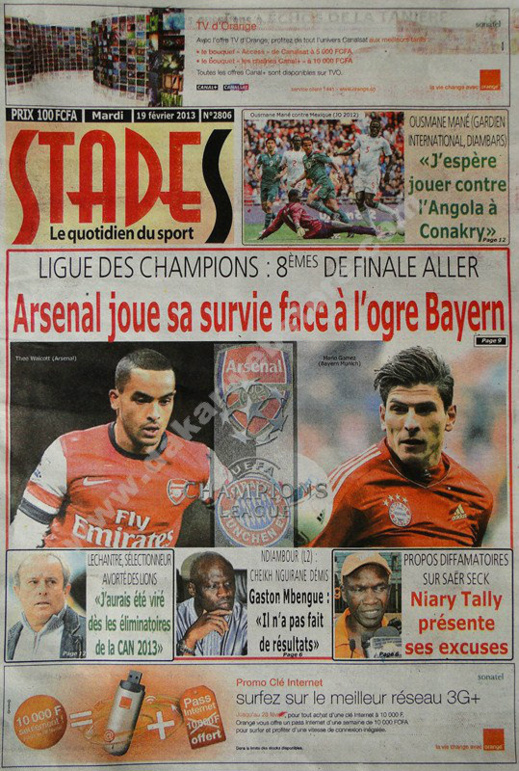 A la Une du Journal Stades du mardi 19 février 2013