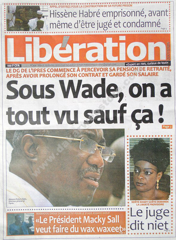 A la Une du Journal Libération du mardi 19 février 2013