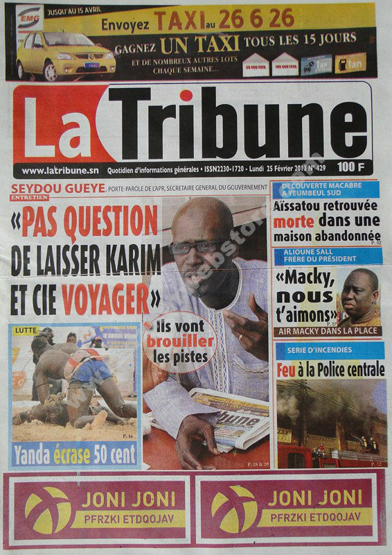 A la Une du Journal La Tribune du lundi 25 janvier 2013
