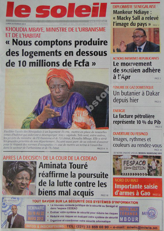 A la Une du Journal Le Soleil du lundi 25 janvier 2013
