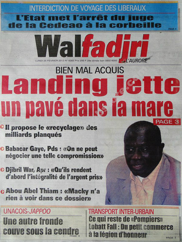 A la Une du Journal Walfadjri du lundi 25 janvier 2013