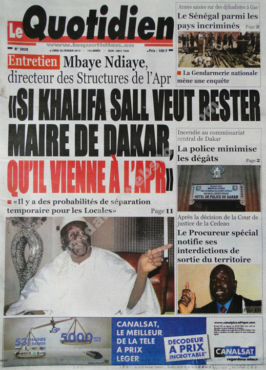 A la Une du Journal Le Quotidien du lundi 25 janvier 2013