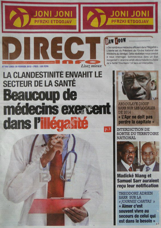 A la Une du Journal Direct Info du lundi 25 janvier 2013