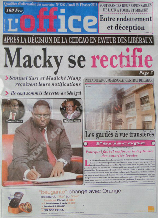 A la Une du Journal L'Office du lundi 25 janvier 2013