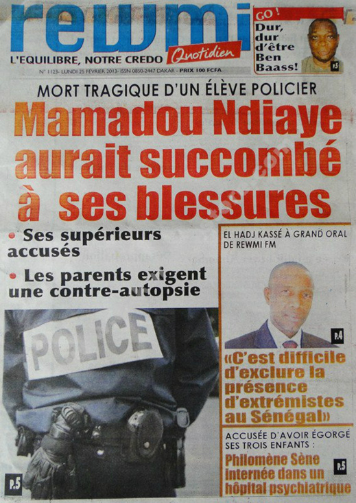 A la Une du Journal Rewmi du lundi 25 janvier 2013