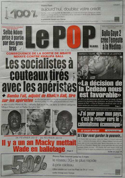 A la Une du Journal Le Populaire du mardi 26 février 2013