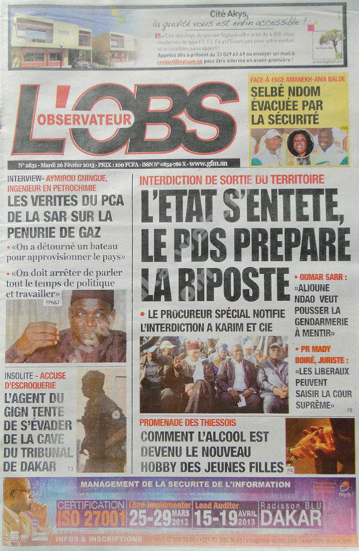 A la Une du Journal L'Observateur du mardi 26 février 2013