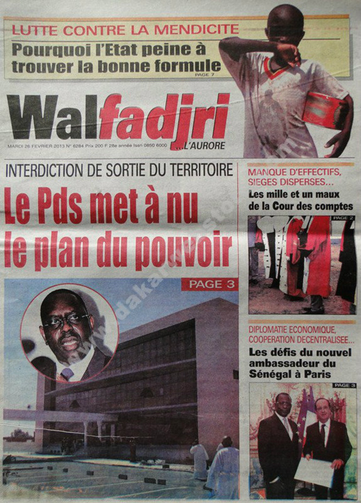 A la Une du Journal Walfadjri du mardi 26 février 2013