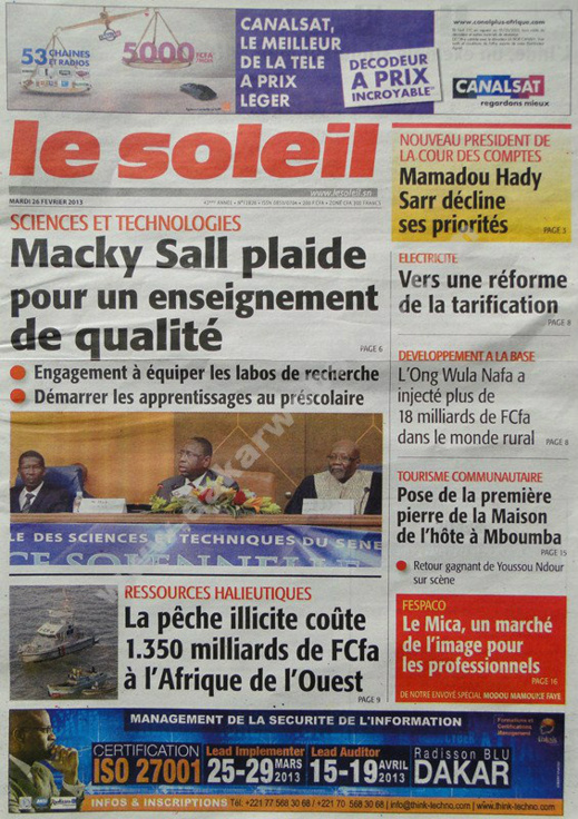 A la Une du Journal Le Soleil du mardi 26 février 2013