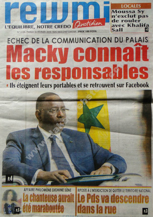 A la Une du Journal Rewmi du mardi 26 février 2013