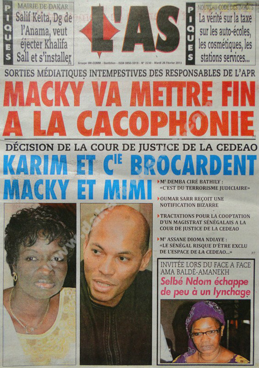 A la Une du Journal L'As du mardi 26 février 2013