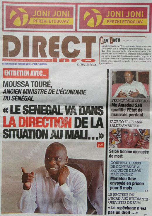 A la Une du Journal Direct info du mardi 26 février 2013