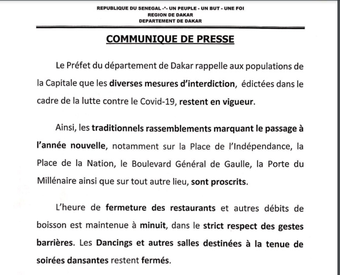 Covid-19 et fin d'année: Les salles destinées à la tenue des soirées dansantes, restent fermées, les rassemblements à la Place de l'indépendance, de la Nation, etc., interdits...