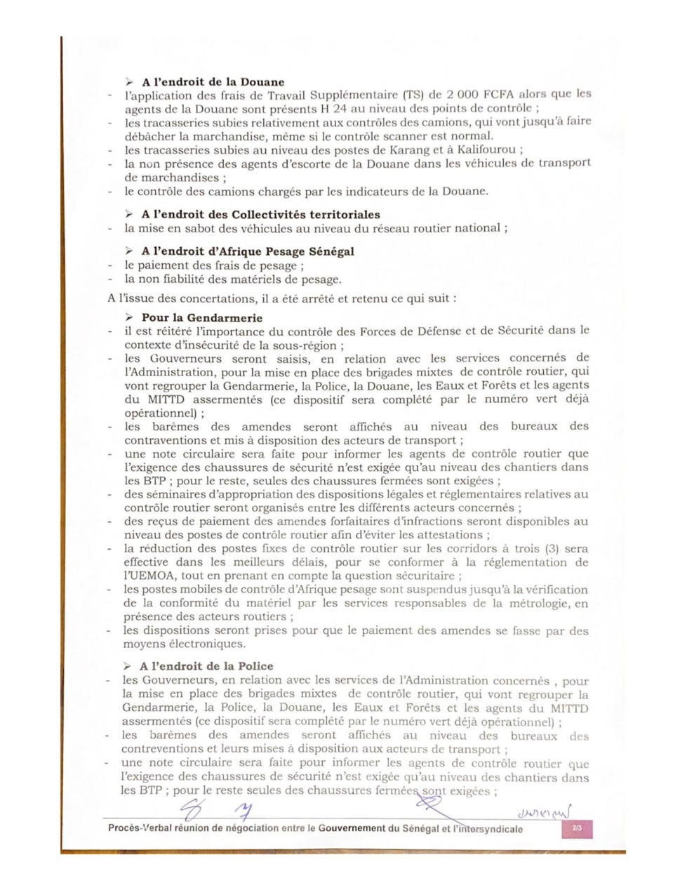 Fin de grève des camionneurs / Corruption, tracasseries (Document)