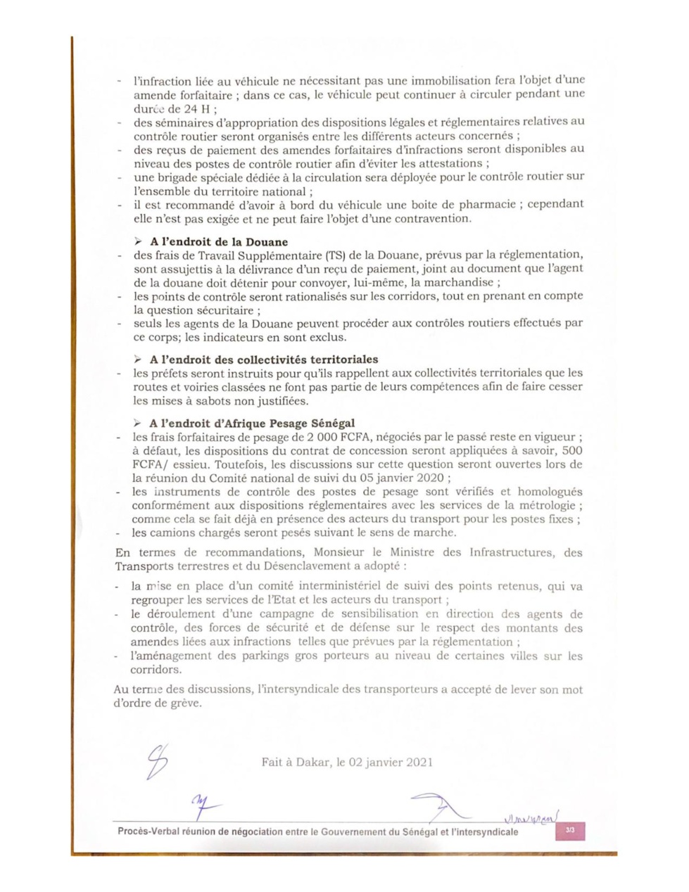 Fin de grève des camionneurs / Corruption, tracasseries (Document)