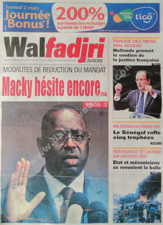 A la Une du Journal Walfadjri du Samedi 02 mars 2013