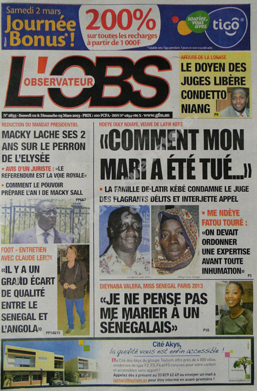 A la Une du Journal L'Observateur du Samedi 02 mars 2013