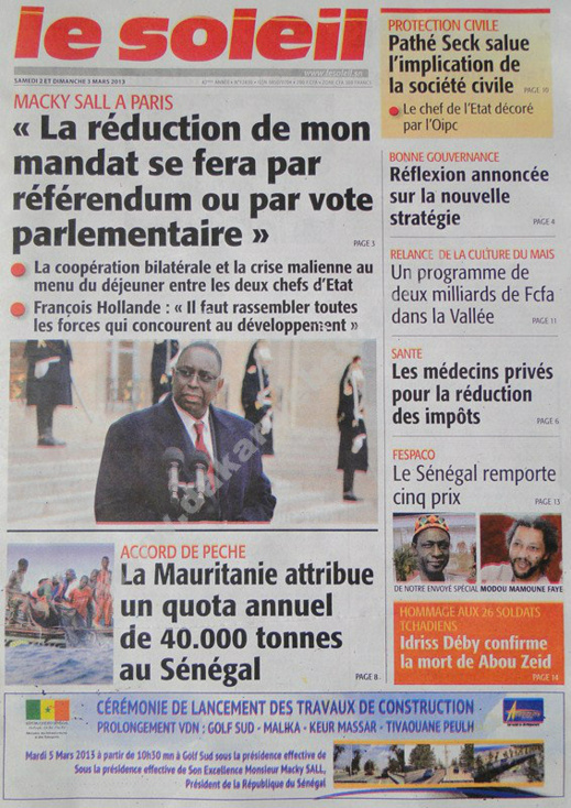 A la Une du Journal Le Soleil du Samedi 02 mars 2013