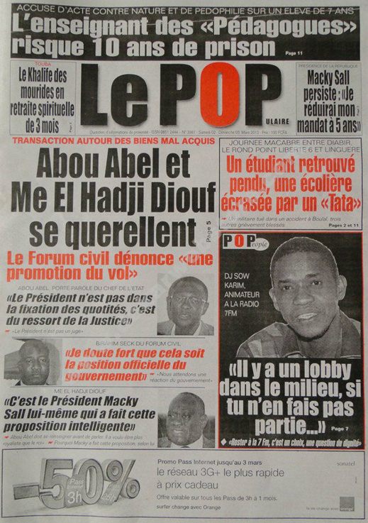 A la Une du Journal Le Populaire du Samedi 02 mars 2013