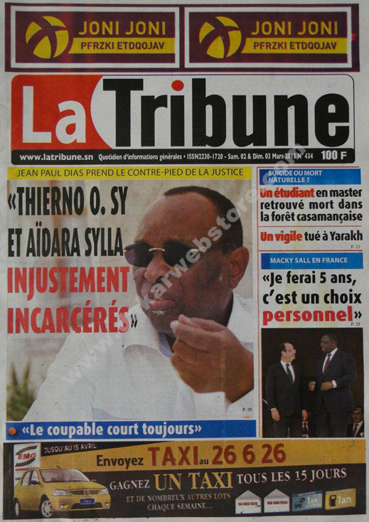 A la Une du Journal La Tribune du Samedi 02 mars 2013