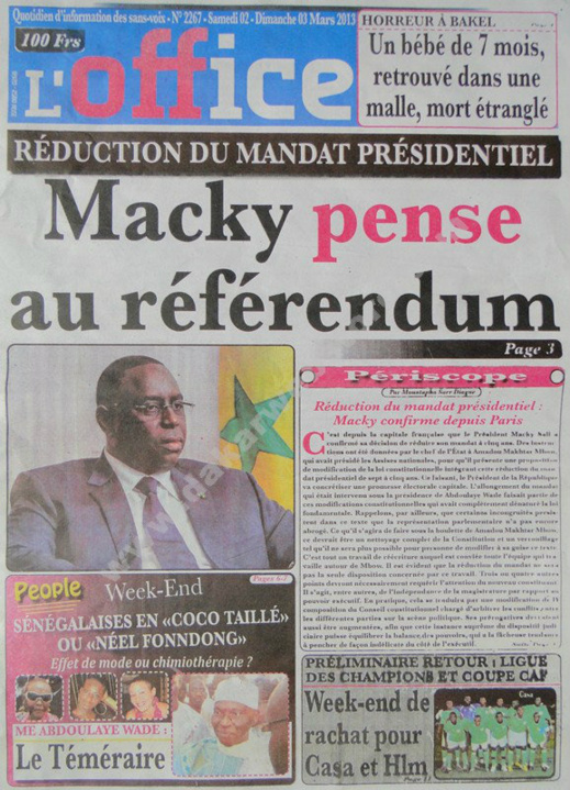A la Une du Journal L'Office du Samedi 02 mars 2013