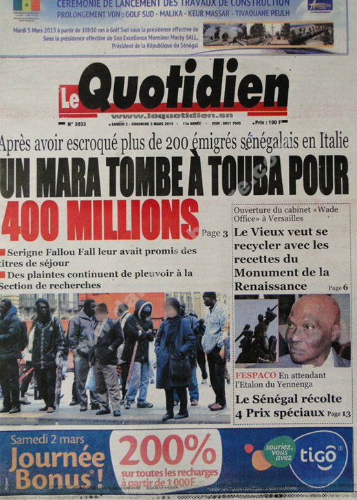 A la Une du Journal Le Quotidien du Samedi 02 mars 2013