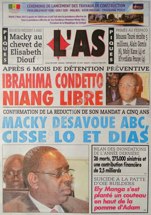 A la Une du Journal L'As du Samedi 02 mars 2013
