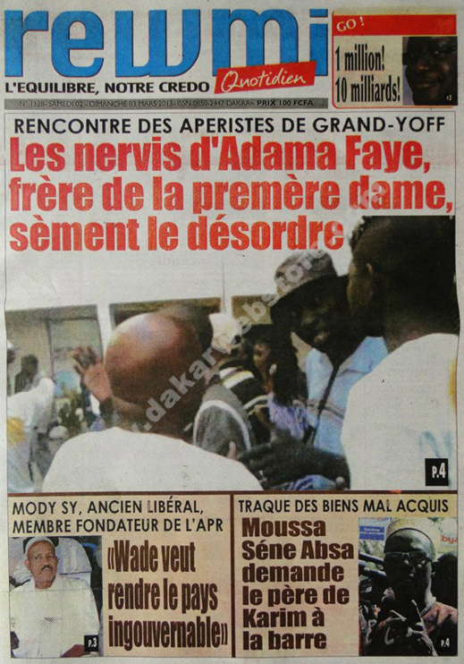 A la Une du Journal Rewmi du Samedi 02 mars 2013