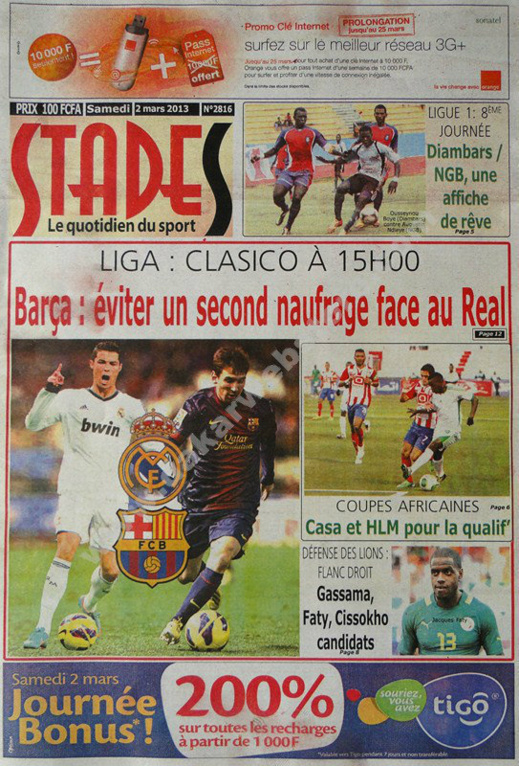 A la Une du Journal Stades du Samedi 02 mars 2013