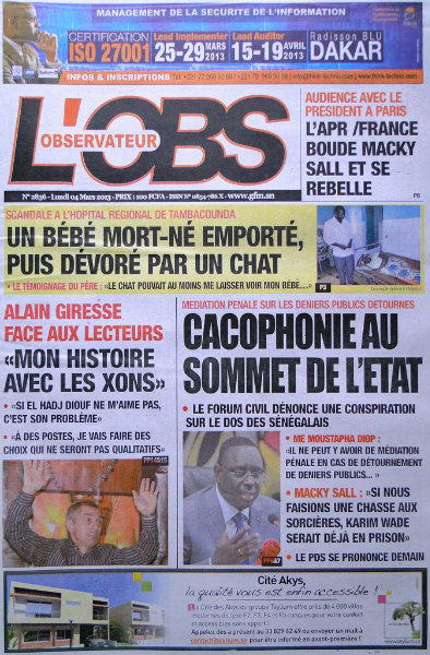 A la une du journal L'Observateur du lundi 04 mars 2013