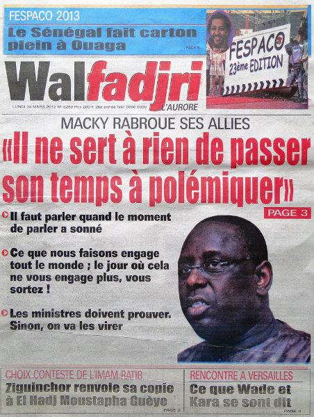 A la une du journal Walfadjri du lundi 04 mars 2013