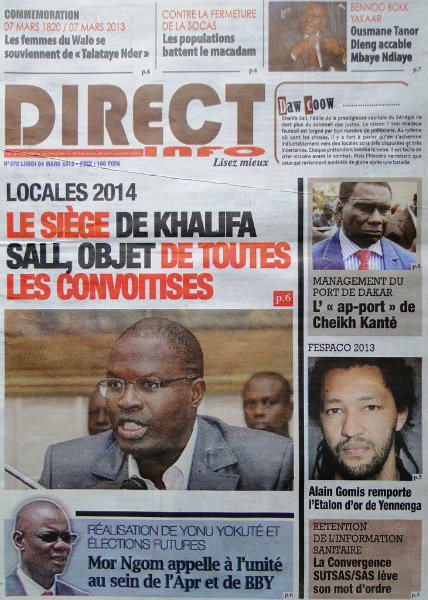 A la une du journal Direct Info du lundi 04 mars 2013