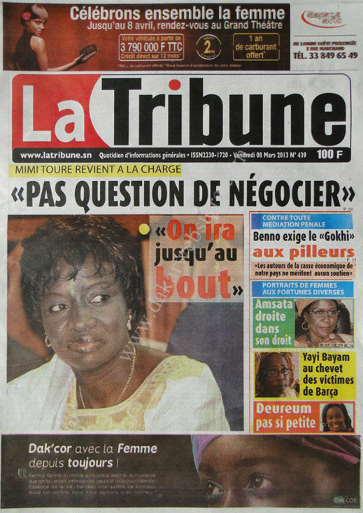 A la Une du Journal Tout La Tribune du vendredi 08 Mars 2013